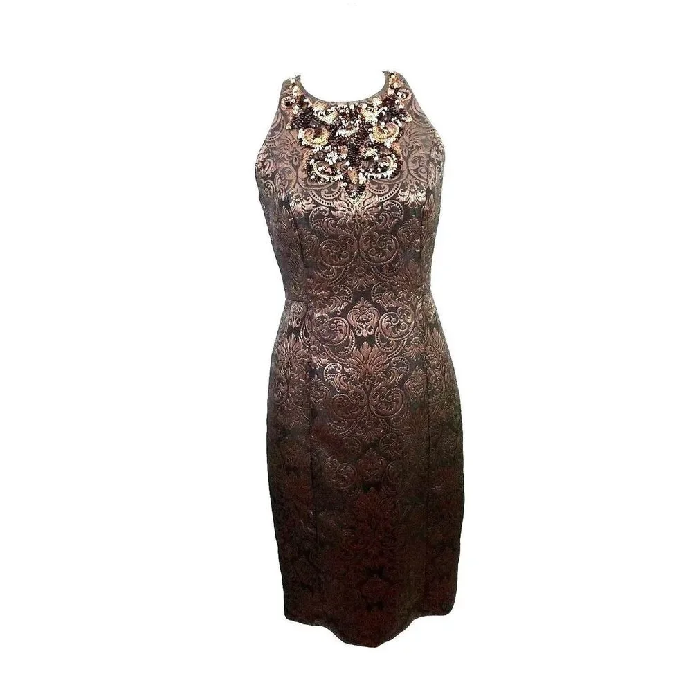 Maggy London Dress Size 4 Petite Bronze‎ Sequins Sleeveless Sheath Open Back